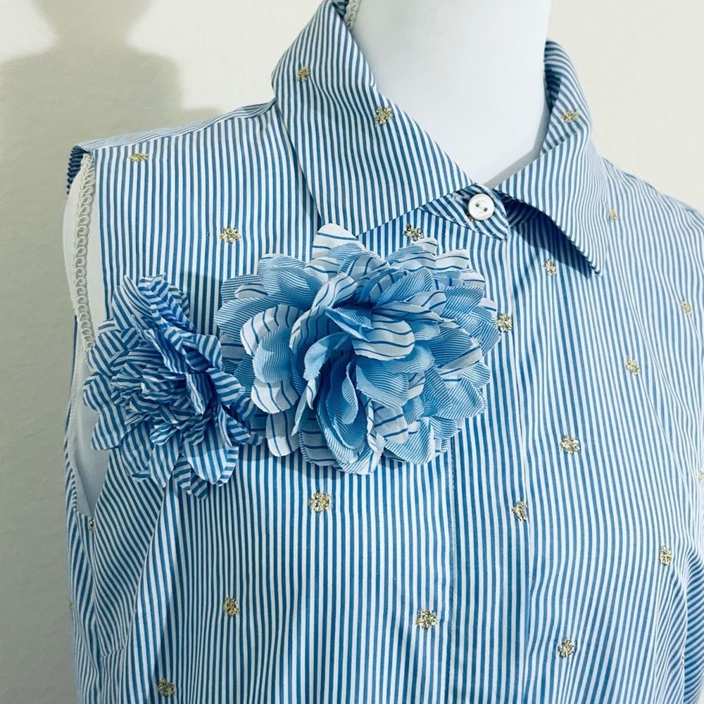 BADGLEY MISCHKA NEW SKY BLUE STRIPE FLORAL GOLD EMBROID MIDI DRESS 10 - Picture 12 of 13